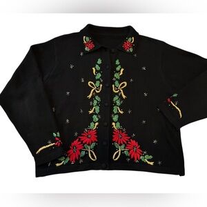 Vintage Black Christmas Cardigan Poinsettia Embroidered Beaded L-XL Cozy Cottage